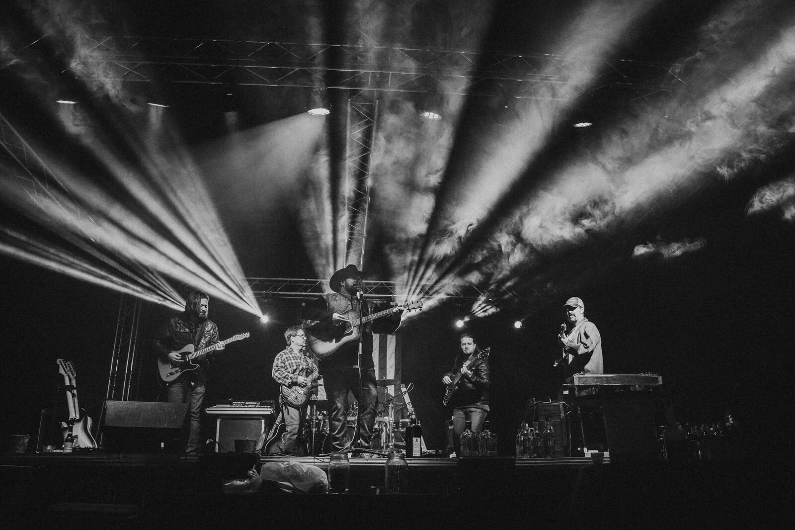 Concert stage with dramatic light beams